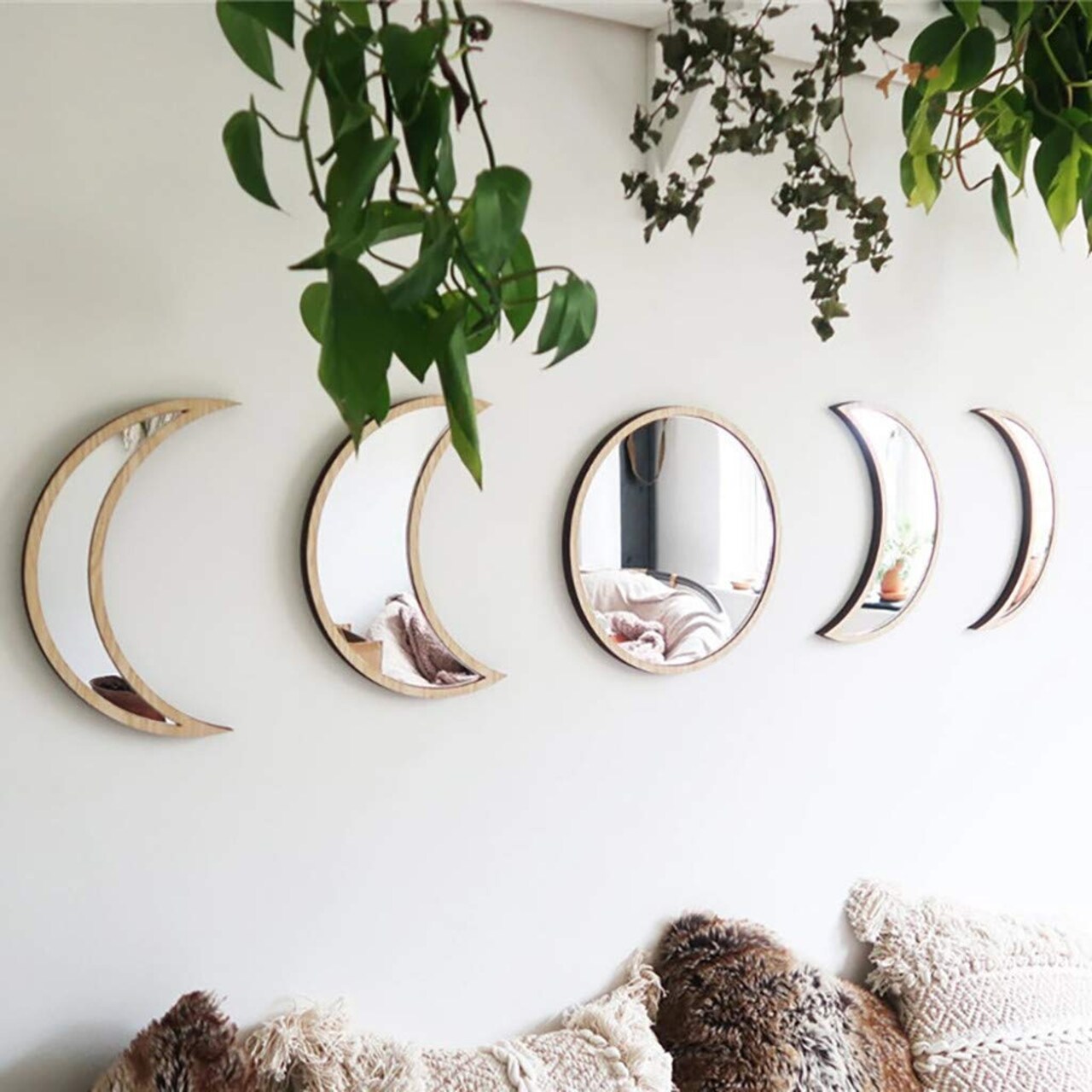 5 PCS Scandinavian Natural Decor Acrylic Wall Decorative Mirror Interior Design Wooden Moon Phase Mirror Bohemian Wall Decoration for Home Living Room Bedroom Decor - Acrylic,Not Real Mirror(Beige)
